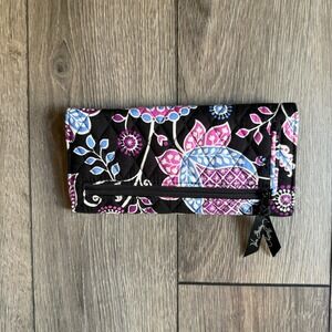 Vera Bradley Quilted Cotton Trifold Wallet Black Purple Blue Floral Paisley